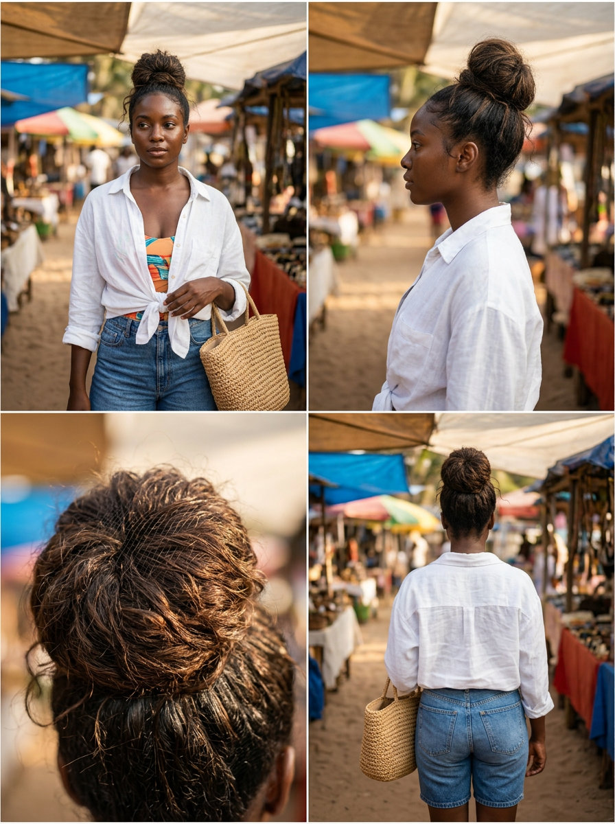 long messy bun with humidity net in natural brunette for summer