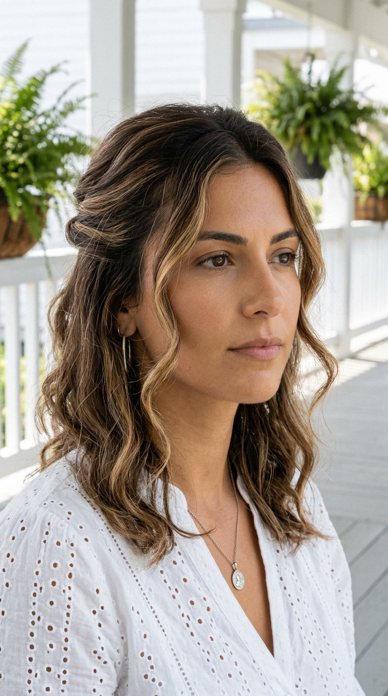 medium brunette twisted half-up with soft waves and face-framing pieces for summer