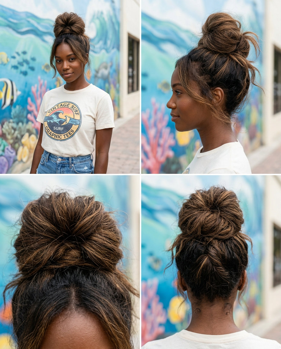 medium messy bun with lived-in brunette, loose twist, spiky ends — relaxed daily wear