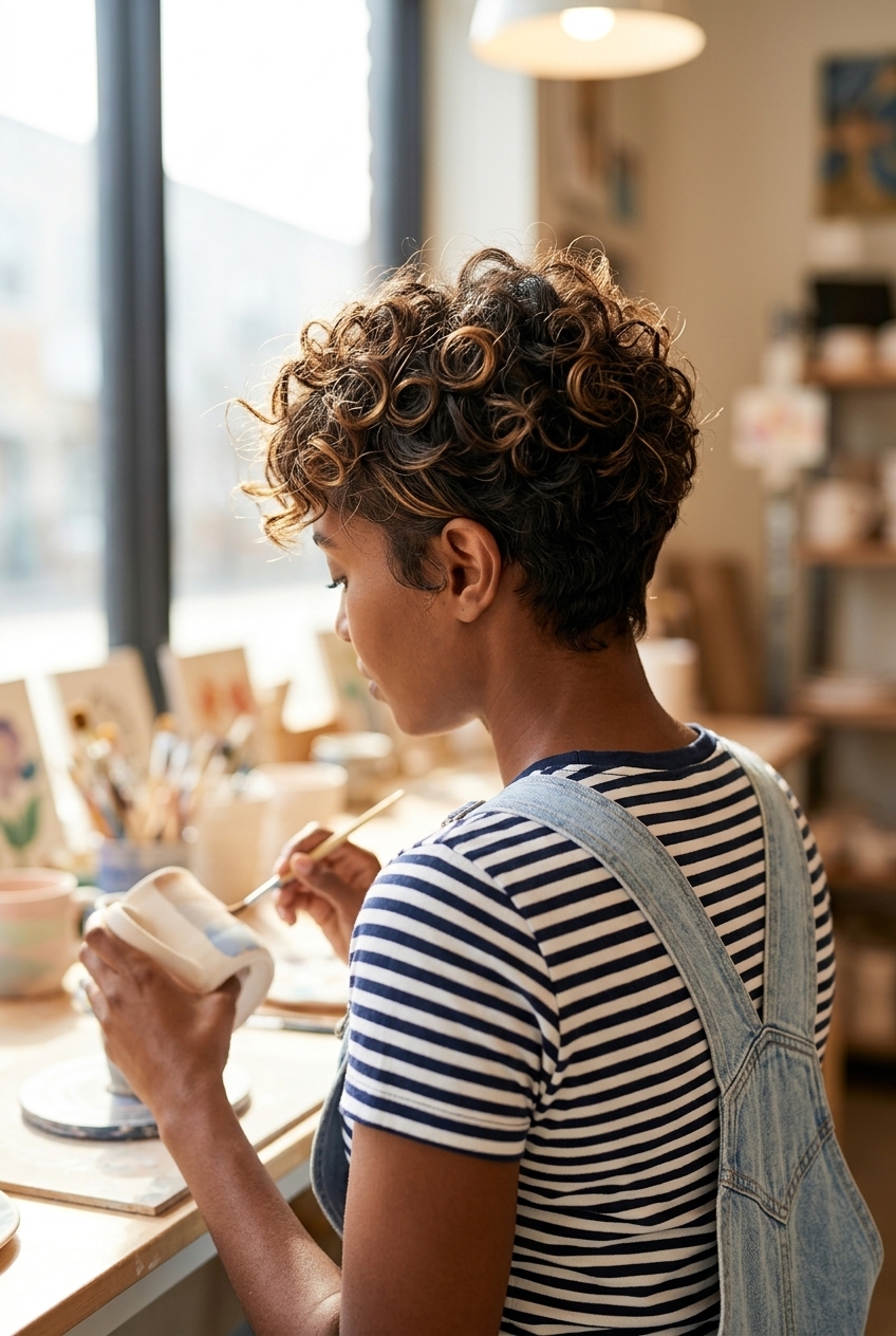short pixie haircut with natural brunette color, point-cut layers, and feathered fringe for summer