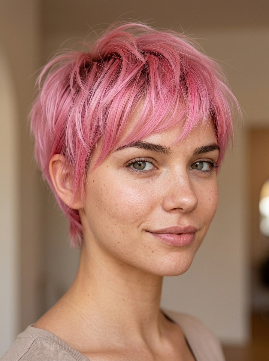 very short pixie-shag haircut with bubblegum pink color, razored layers, choppy micro-bangs — bold and playful