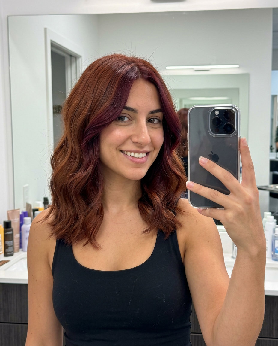 long layered auburn burgundy money pieces with cool undertones, foilyage technique — sophisticated date night
