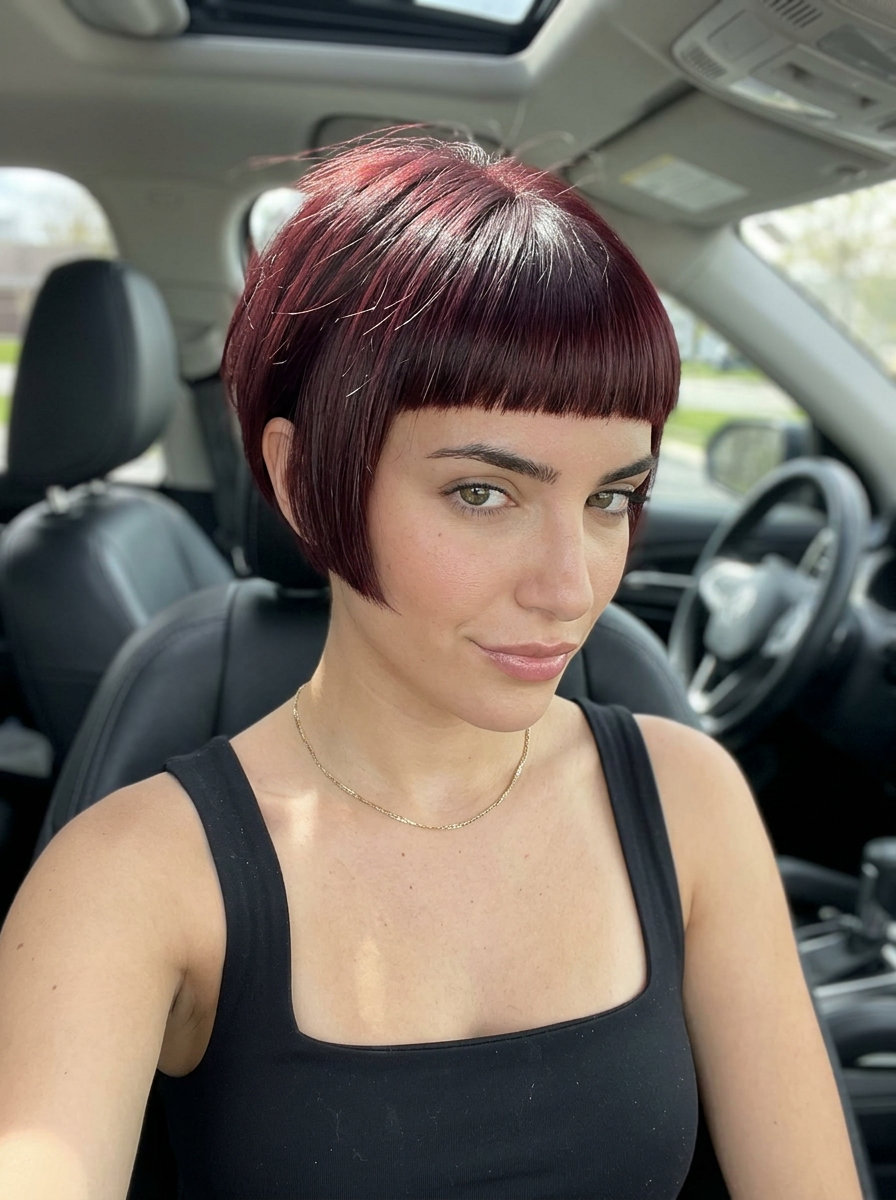 very short pixie haircut with deep burgundy, blunt cut, micro-fringe for cocktail party