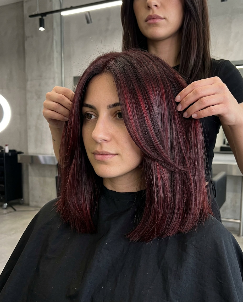 shoulder-length lob haircut in deep burgundy with ruby red babylights, face-framing layers — subtle glamour