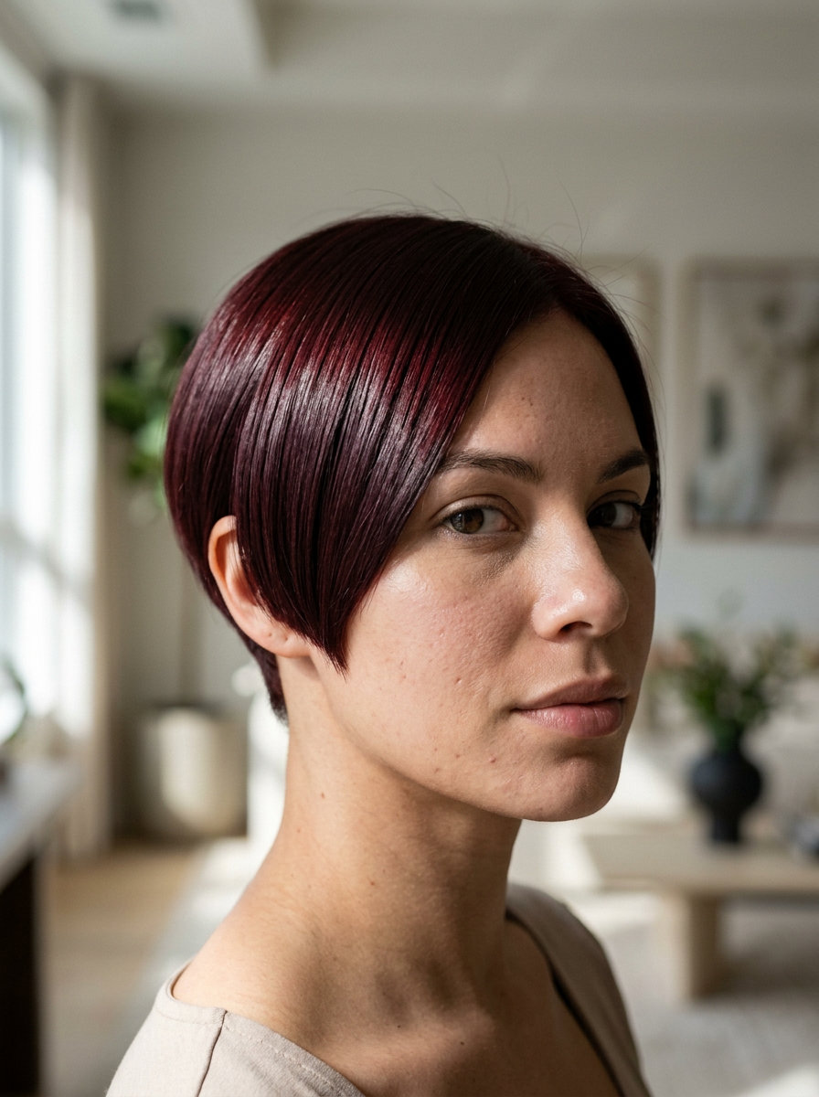 very short blunt pixie haircut in deep burgundy with black cherry undertones, precise taper, side-swept fringe — elegant sophistication