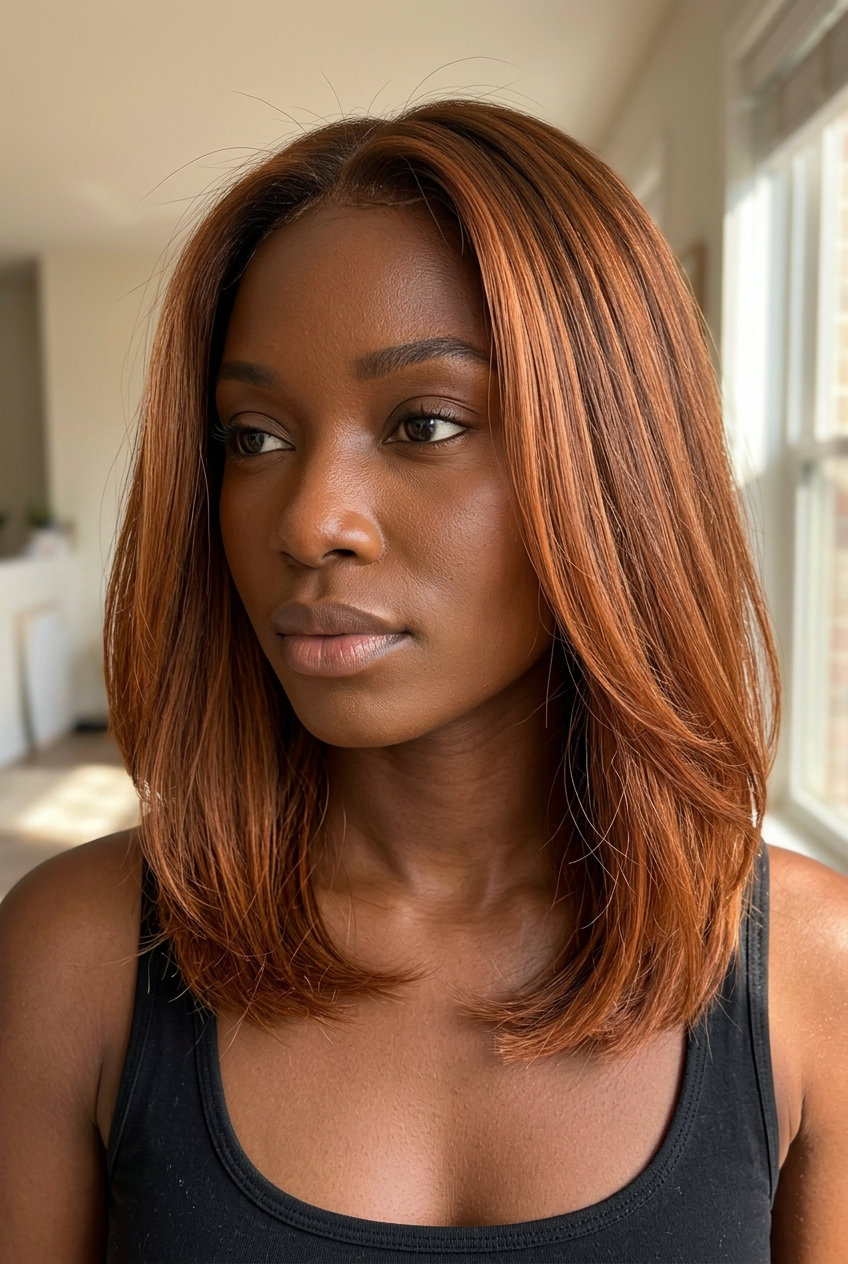 long burnt orange auburn balayage with natural brown base and face-framing highlights