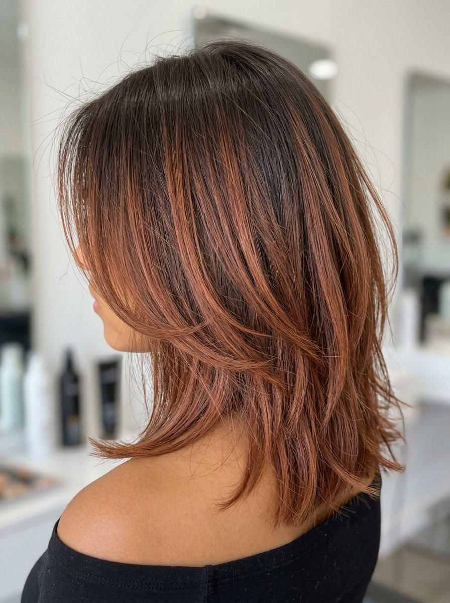 short burnt sienna root smudge with earthy brown tones and minimal layers for daily wear