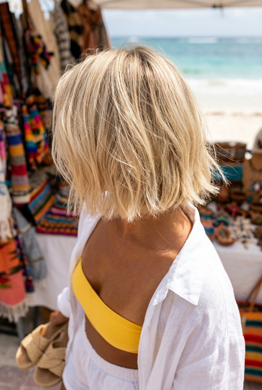 chin-length butter blonde bob with babylights and root shadow for summer