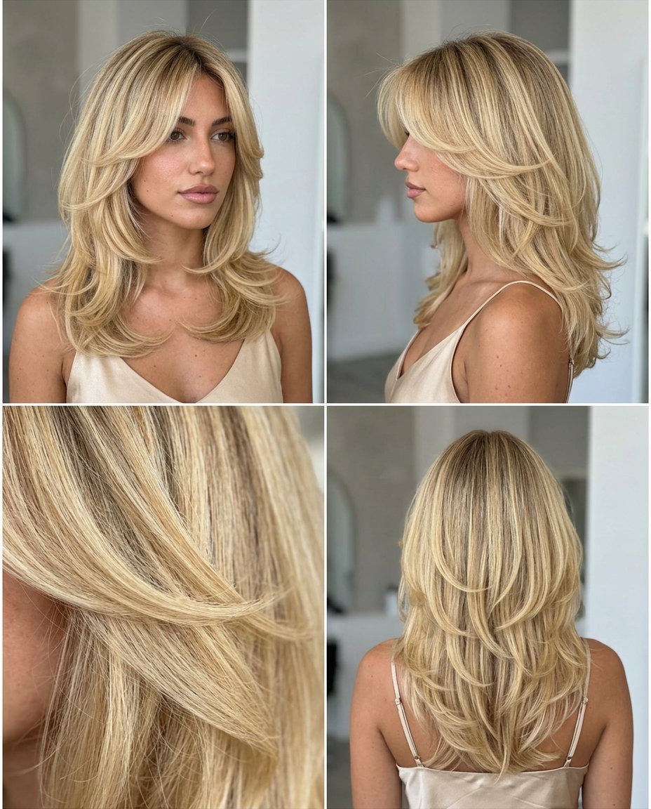 medium-long shag with butter blonde & creamy yellow tones, butterfly layers, blended curtain bangs — voluminous glamorous retro