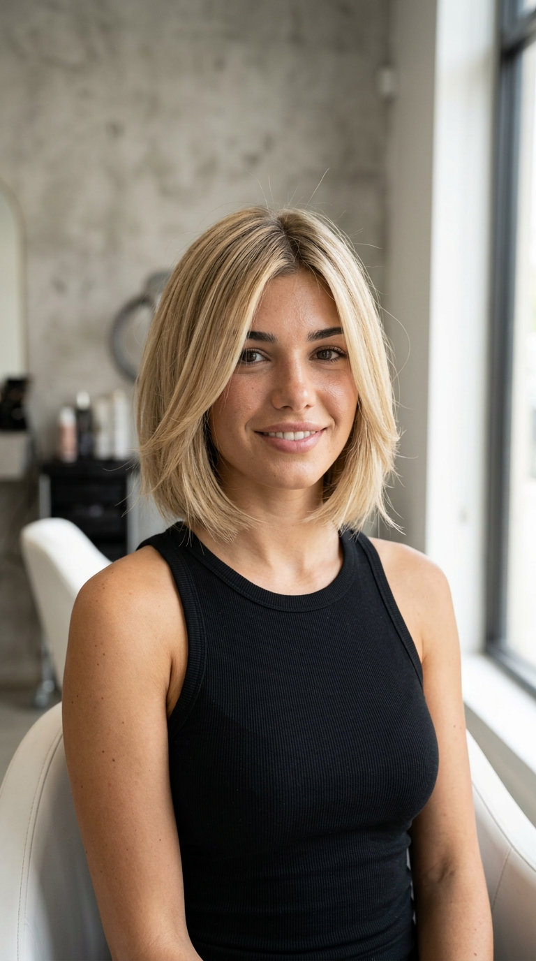 chin-length Italian bob in buttercream blonde with vanilla babylights and natural root for summer