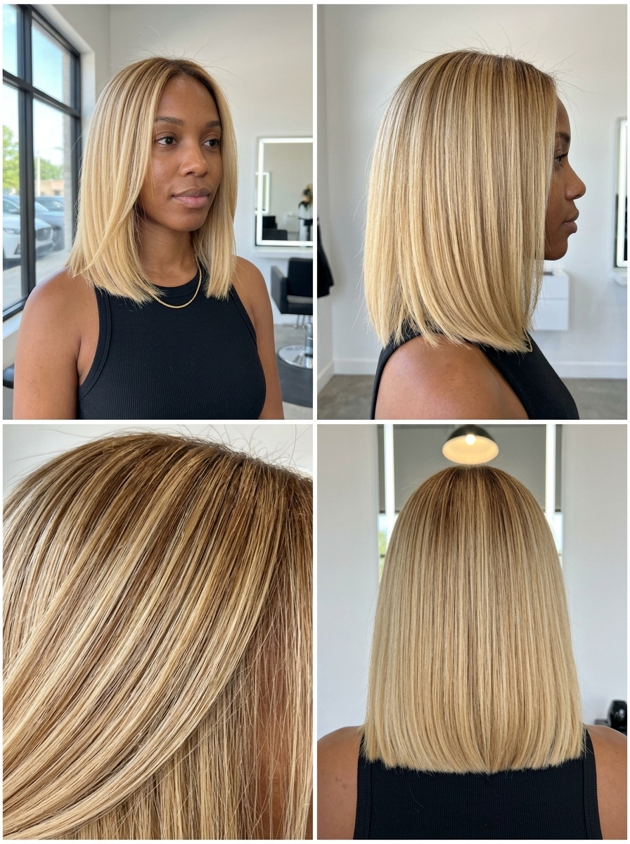 collarbone-length buttercream blonde blunt cut with caramel root shadow
