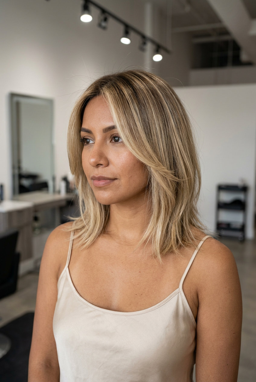 collarbone-length shag haircut with buttercream blonde, golden honey, no bangs — effortless natural