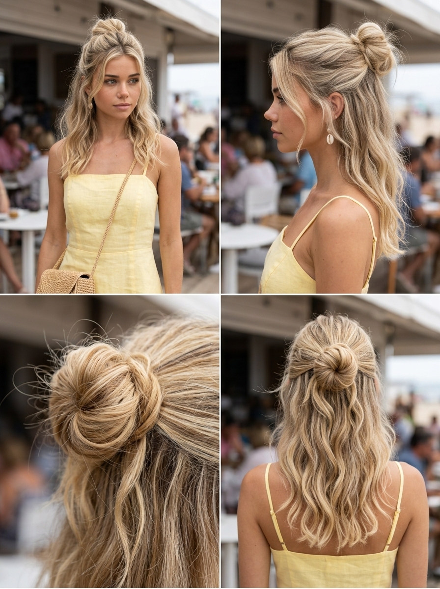 Messy Bun Half Up Half Down 2026 long buttercream blonde half up half down with messy bun and face-framing pieces for vacation