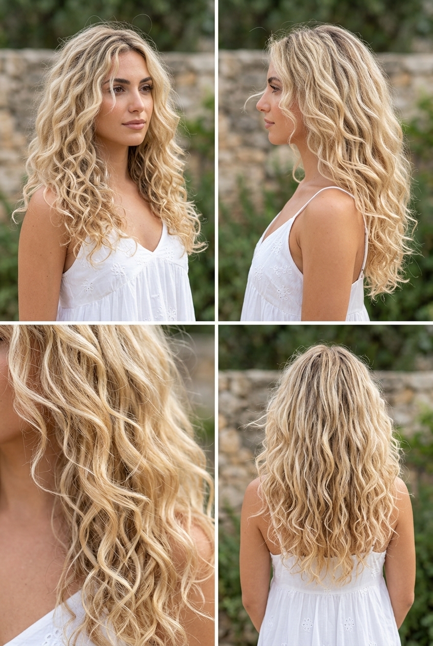 long layered haircut with buttercream blonde color, face-framing layers, and U-shape back for summer