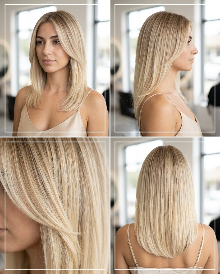 long layered butter-cream blonde ombre with creamy blonde, seamless blend, no fringe — soft luxury