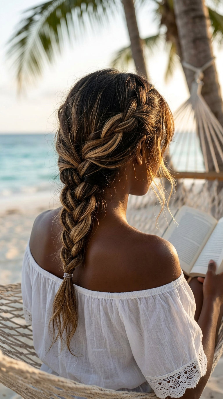 long side braid with warm buttercream blonde, honey highlights, for casual gathering