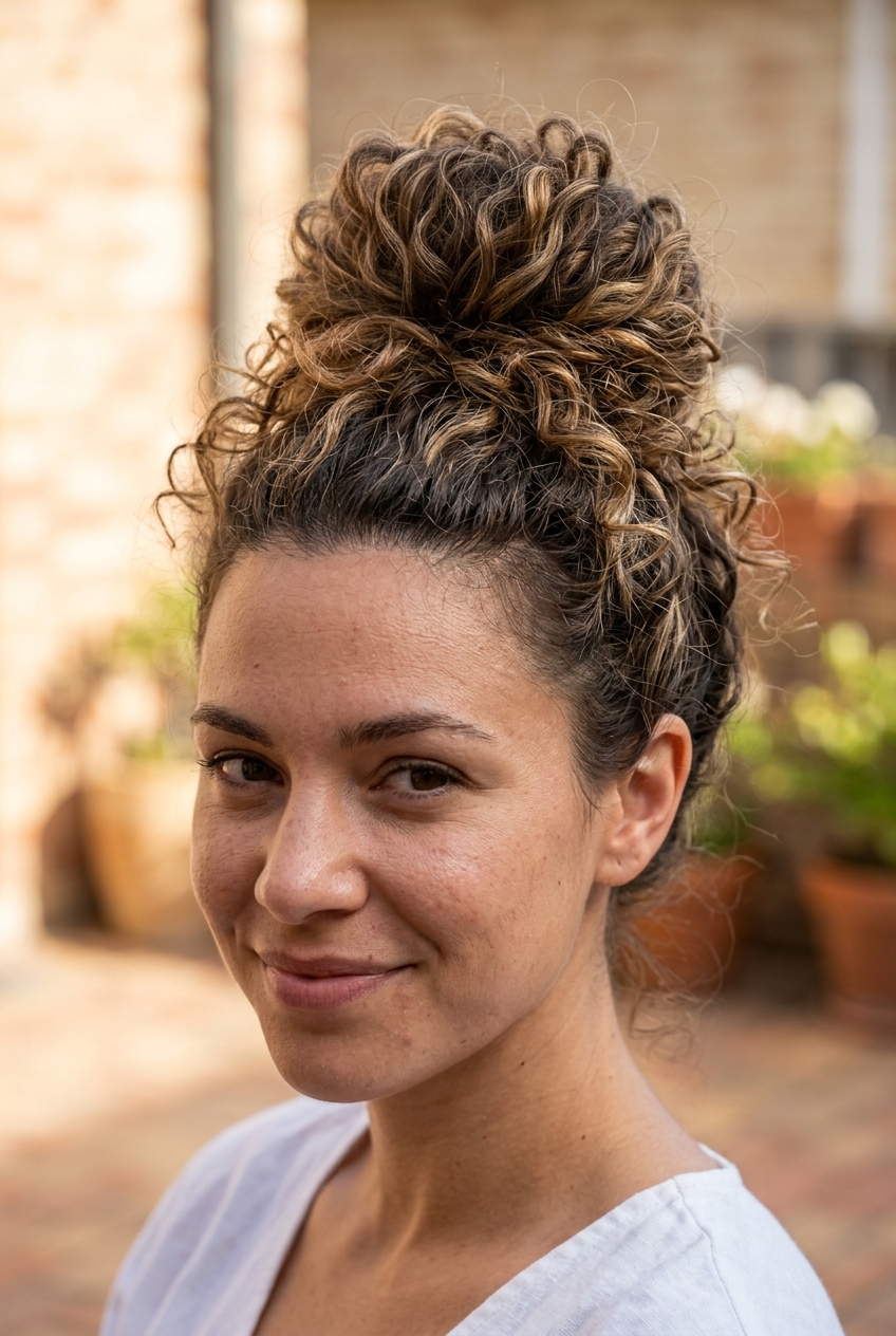 long buttercream blonde high top knot with golden babylights and tousled texture for summer