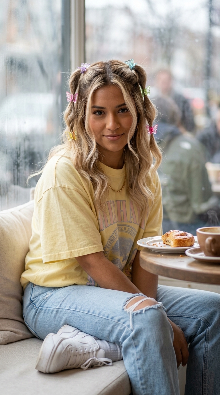 long buttercream blonde half-up twist updo with butterfly clips for weekend brunch