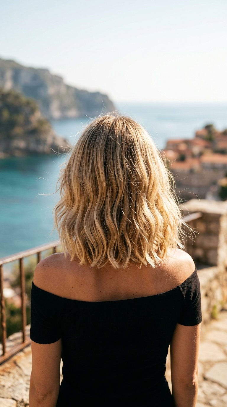 medium Italian bob haircut in sun-kissed buttercream blonde with golden babylights, textured layers, no bangs — effortless chic