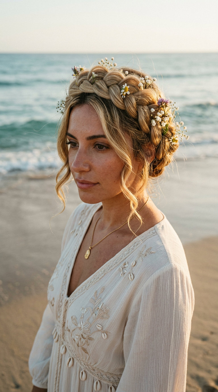 Summer Festival Crown Braid 2026 medium crown braid with buttercream blonde color, wildflower accents, no fringe — playful bohemian