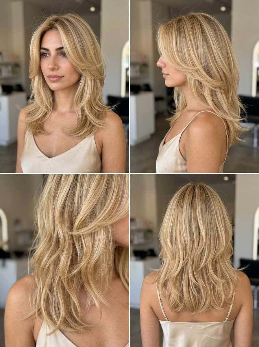medium layered butterfly haircut with buttercream blonde and honey babylights for summer