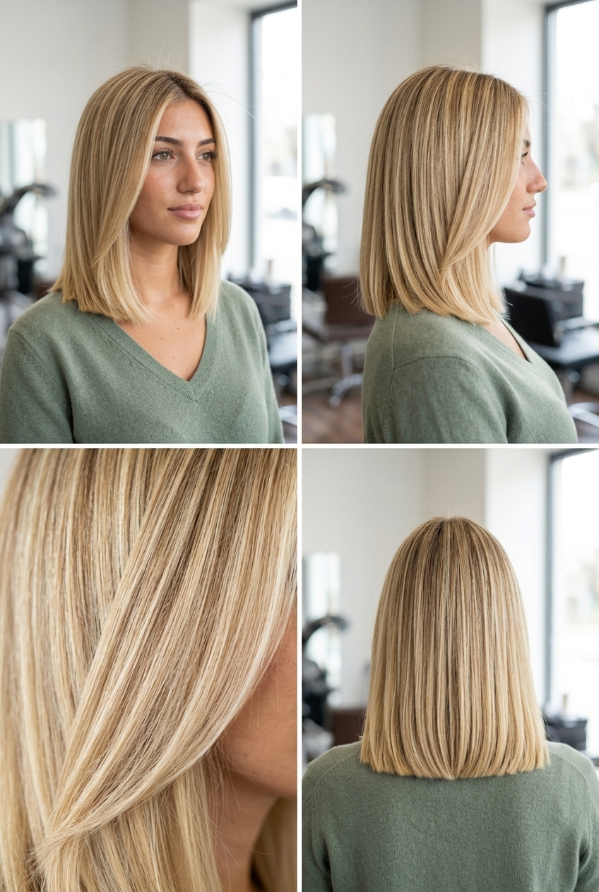 medium blunt lob haircut with buttercream blonde and honey babylights, soft waves for weekend