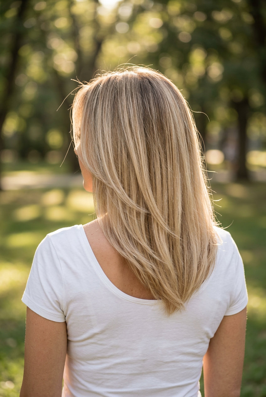 mid-length soft layers haircut with buttercream blonde and vanilla root shadow for summer
