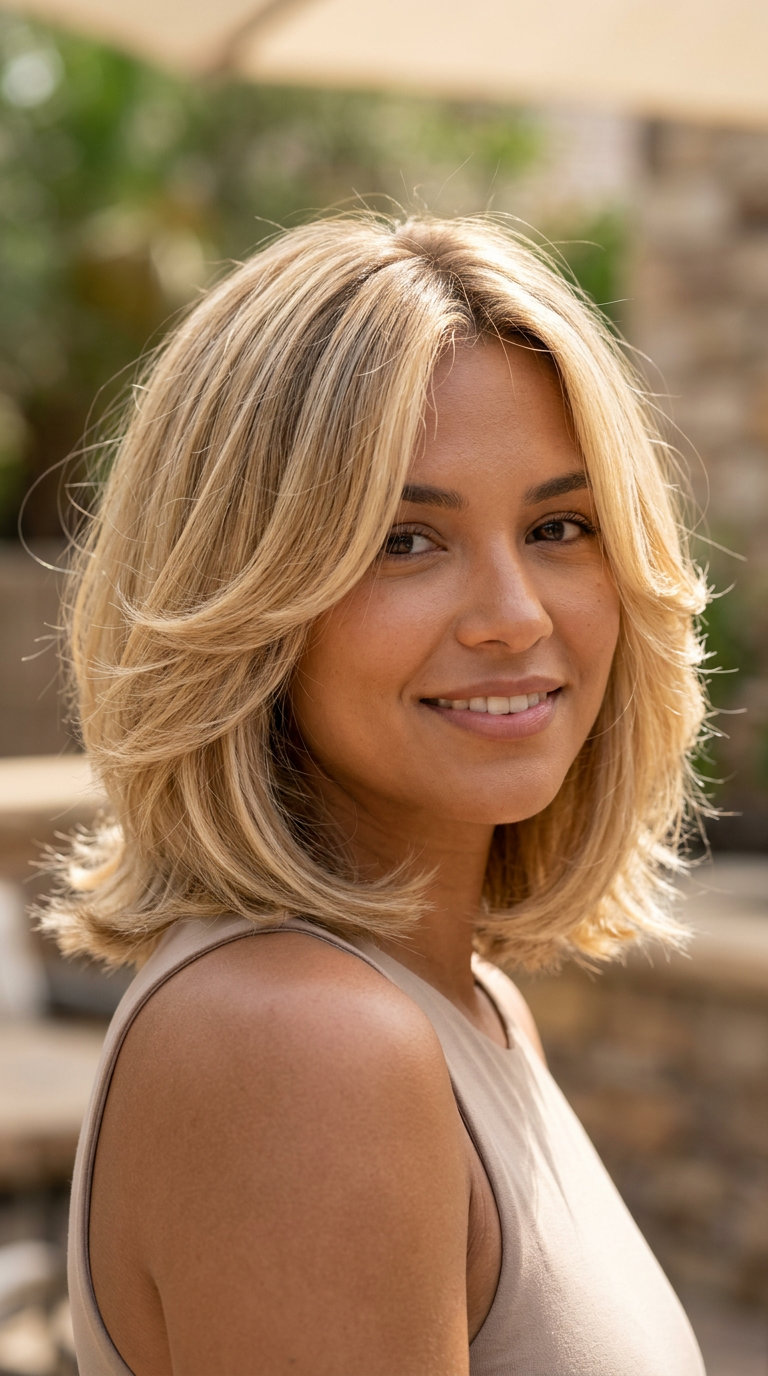 shoulder-length butterfly bob in buttercream blonde with honey babylights, soft root shadow, no bangs — effortless summer look