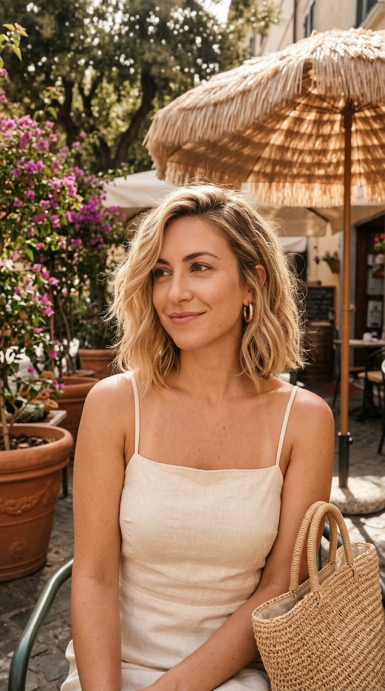 shoulder-length bob haircut in buttercream blonde with babylights and blunt ends for summer
