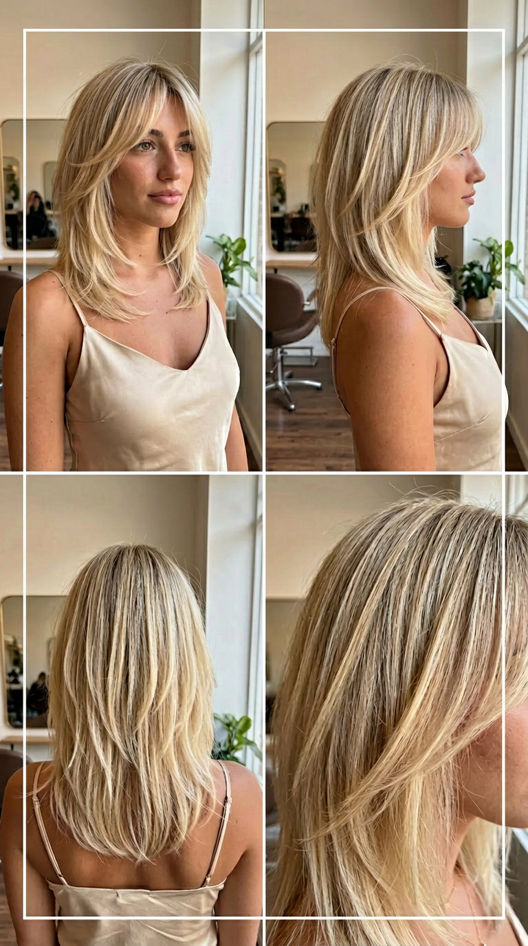 shoulder-length shag haircut with buttercream blonde, golden babylights, curtain bangs — soft gentle