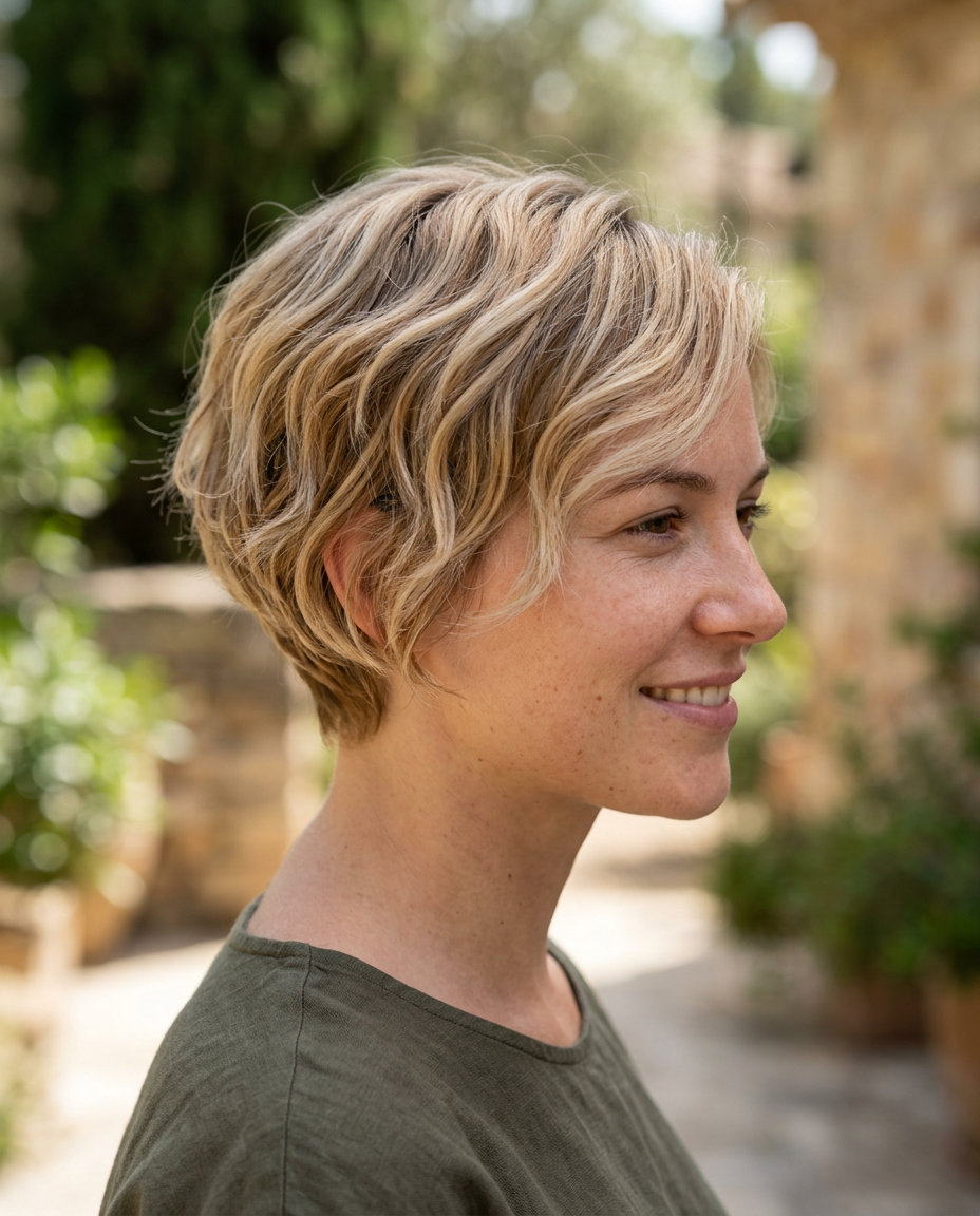 very short layered pixie haircut in buttercream blonde with honey lowlights, soft taper, wispy perimeter — natural sun-kissed vibe