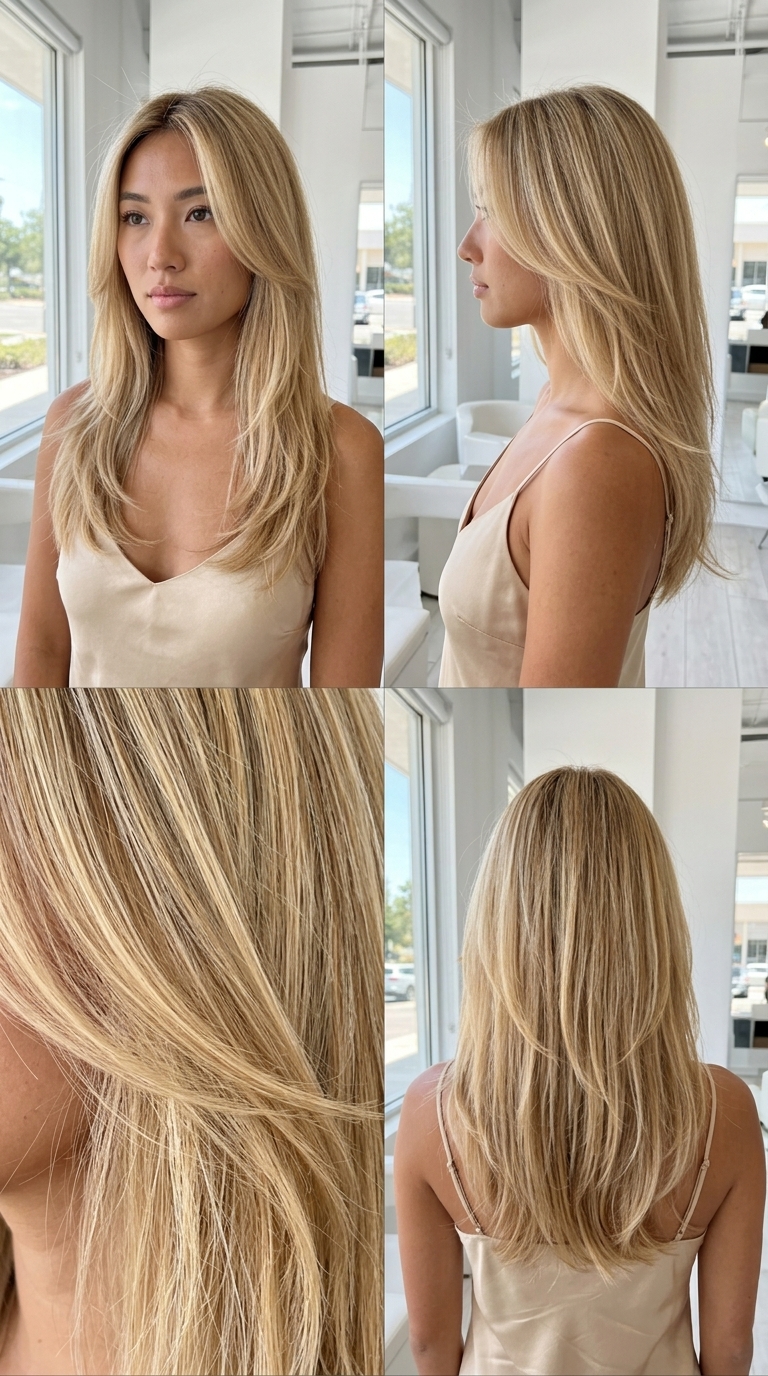 chest-length hush cut with warm buttercream blonde, babylights, face-framing layers — effortless summer haircut 2026