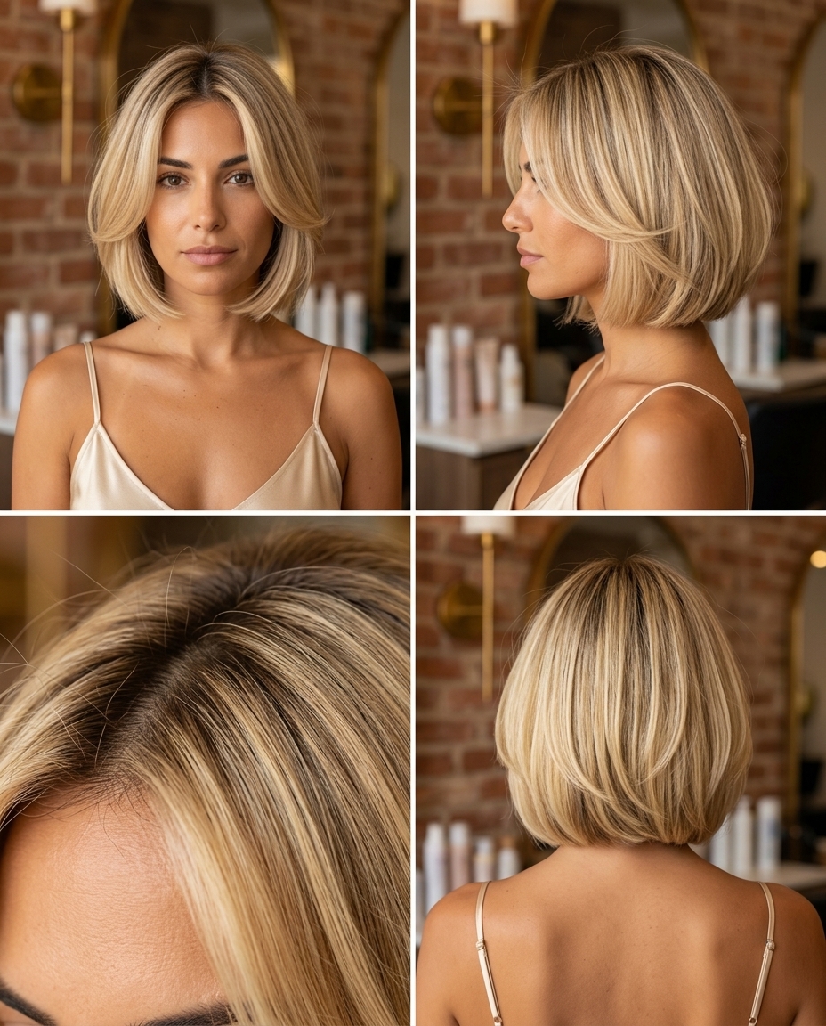 chin-length bob haircut in buttercream blonde with honey babylights, root shadow — soft, effortless, feminine