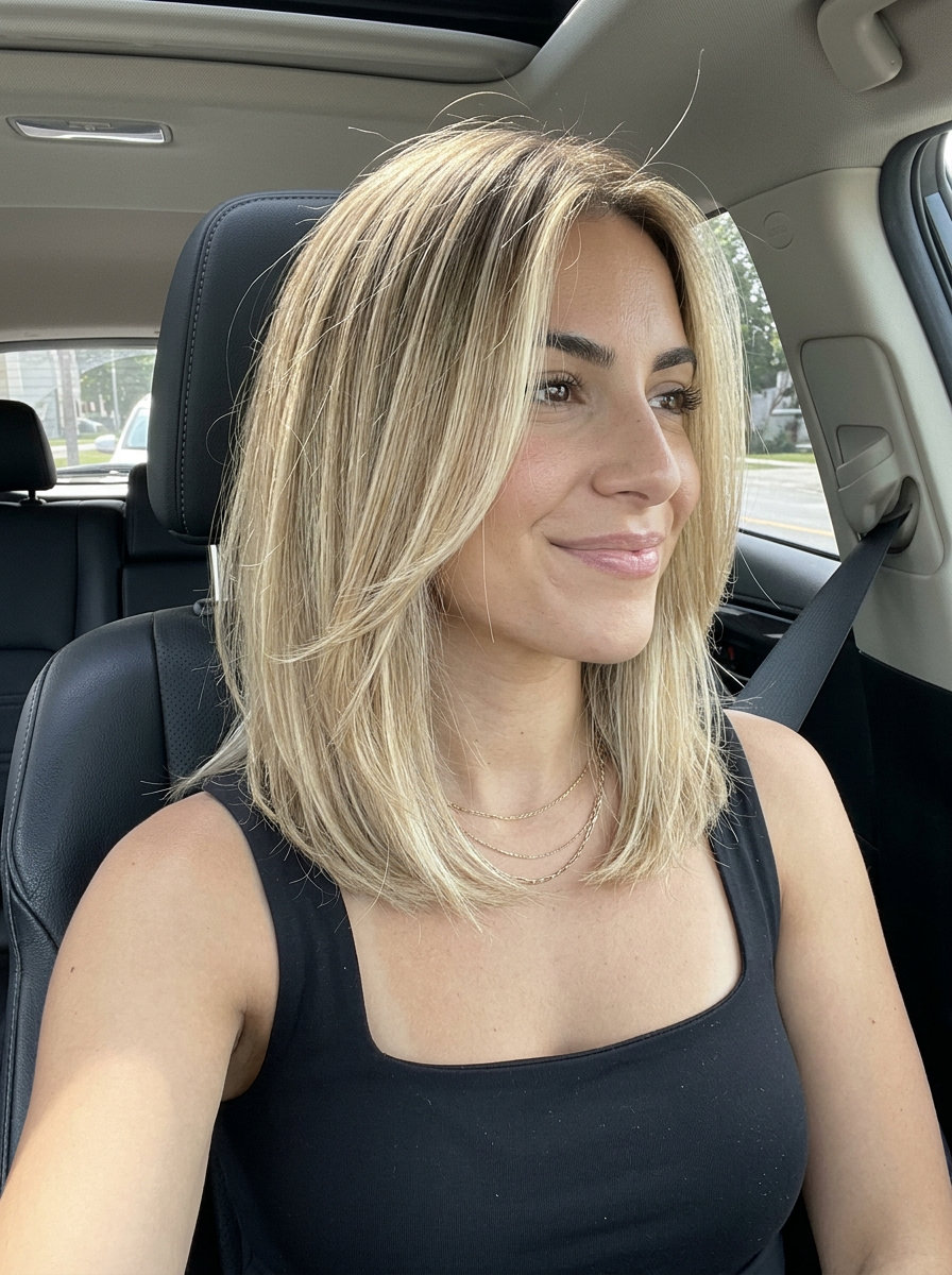 collarbone-length cut with buttercream blonde balayage, ghost layers and face-framing pieces for relaxed luxury