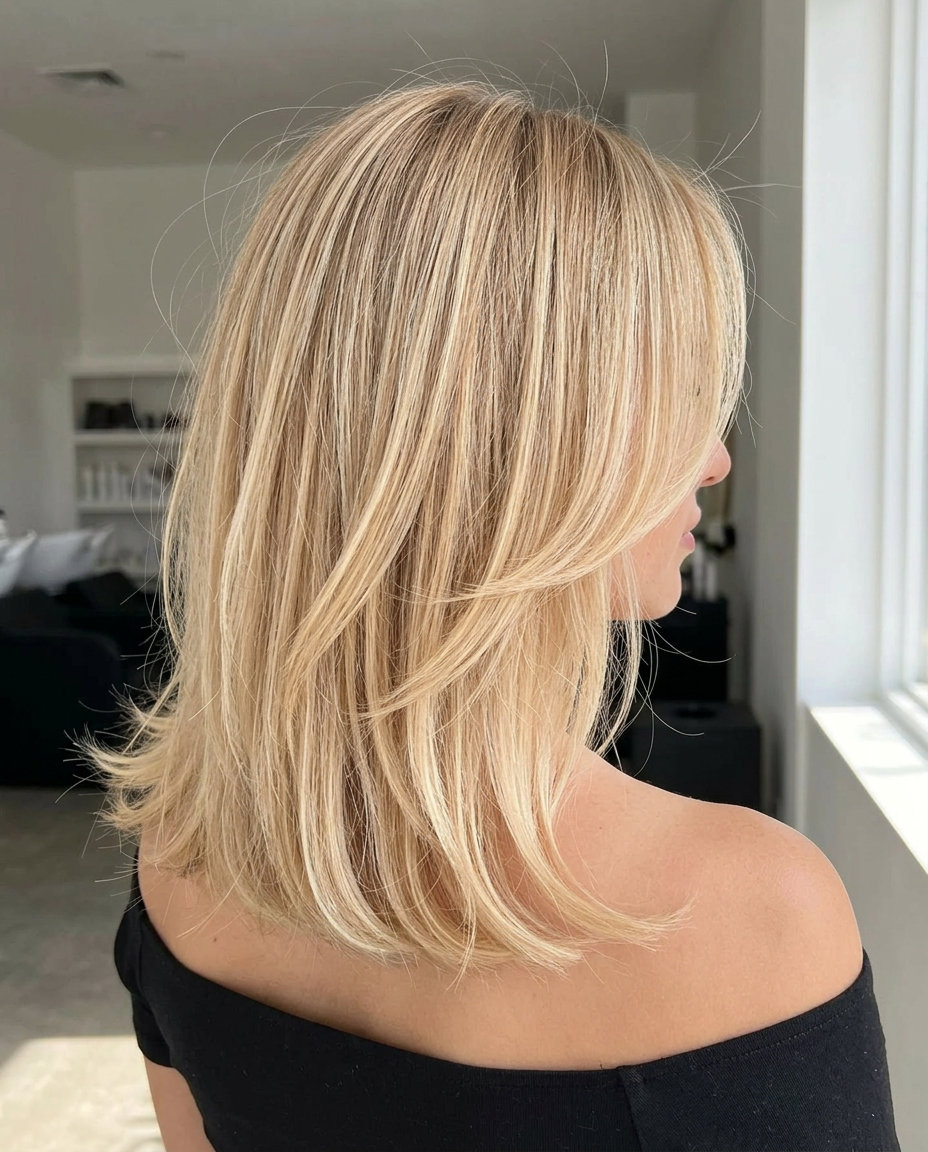 collarbone-length midi haircut with buttercream blonde babylights and face-framing layers for summer