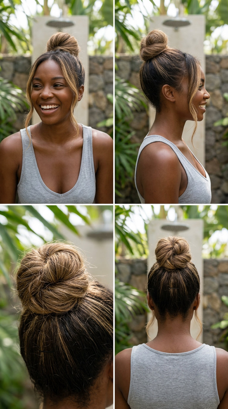 medium high top knot with buttercream highlights color, loosely twisted bun, face-framing tendrils — playful effortless