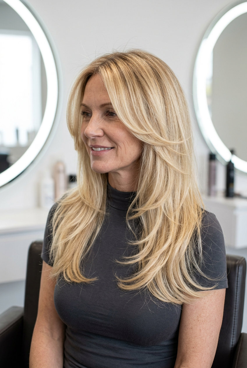 Radiant Butterfly Layers: Buttercream Blonde 2026 long buttercream blonde haircut with golden babylights, honey root shadow, curtain bangs — soft romantic