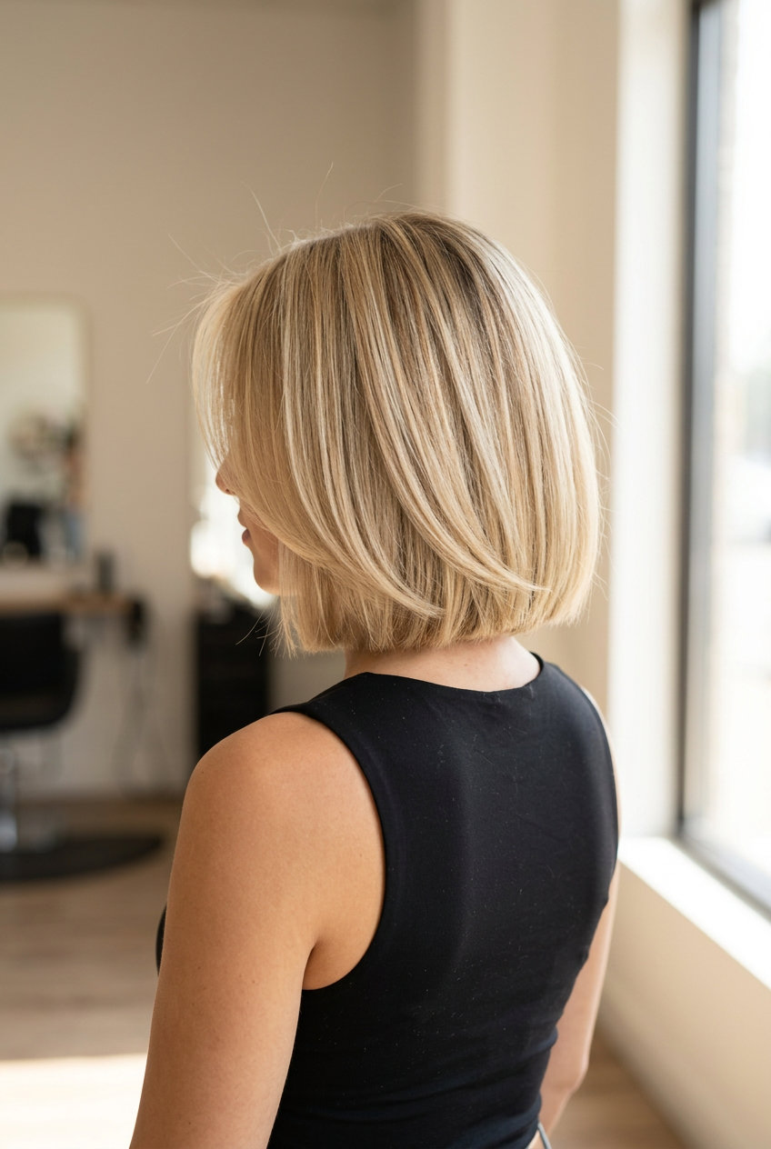 chin-length buttercream blonde french bob with honey babylights and root shadow for chic events