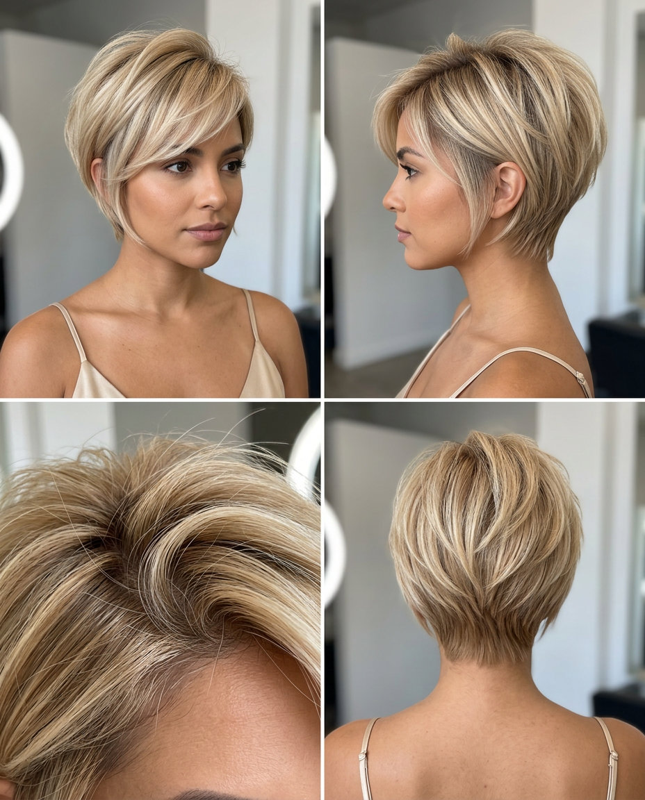 short pixie haircut with buttercream blonde, golden babylights, side-swept fringe for summer