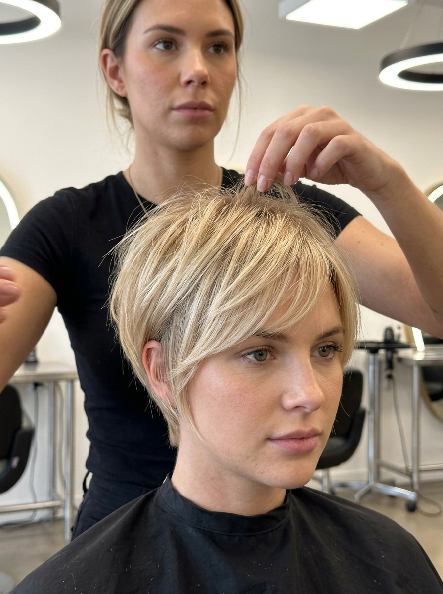 short warm buttercream blonde pixie haircut with razored layers and piecey fringe for chic travel