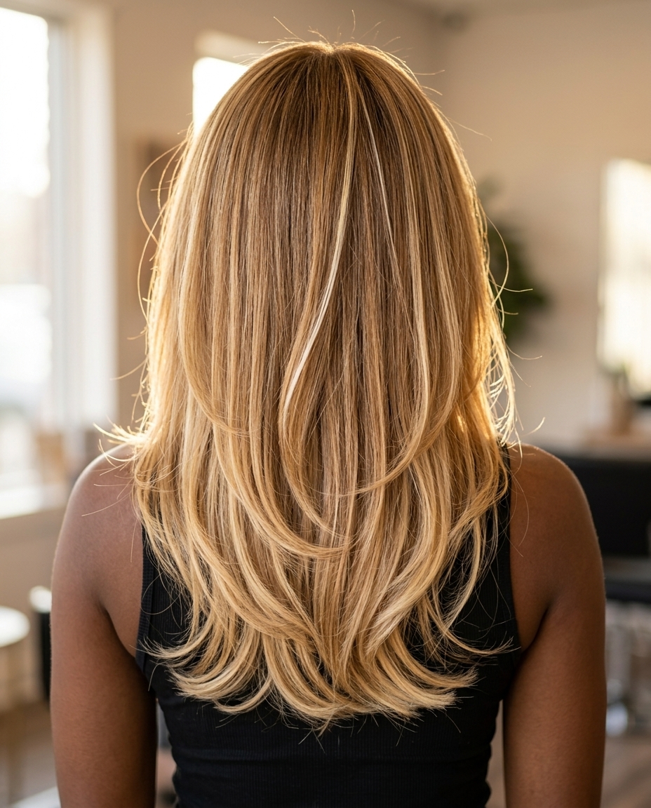 long layered ombre hair color with golden brown, caramel, buttery blonde, soft blend — playful radiant look