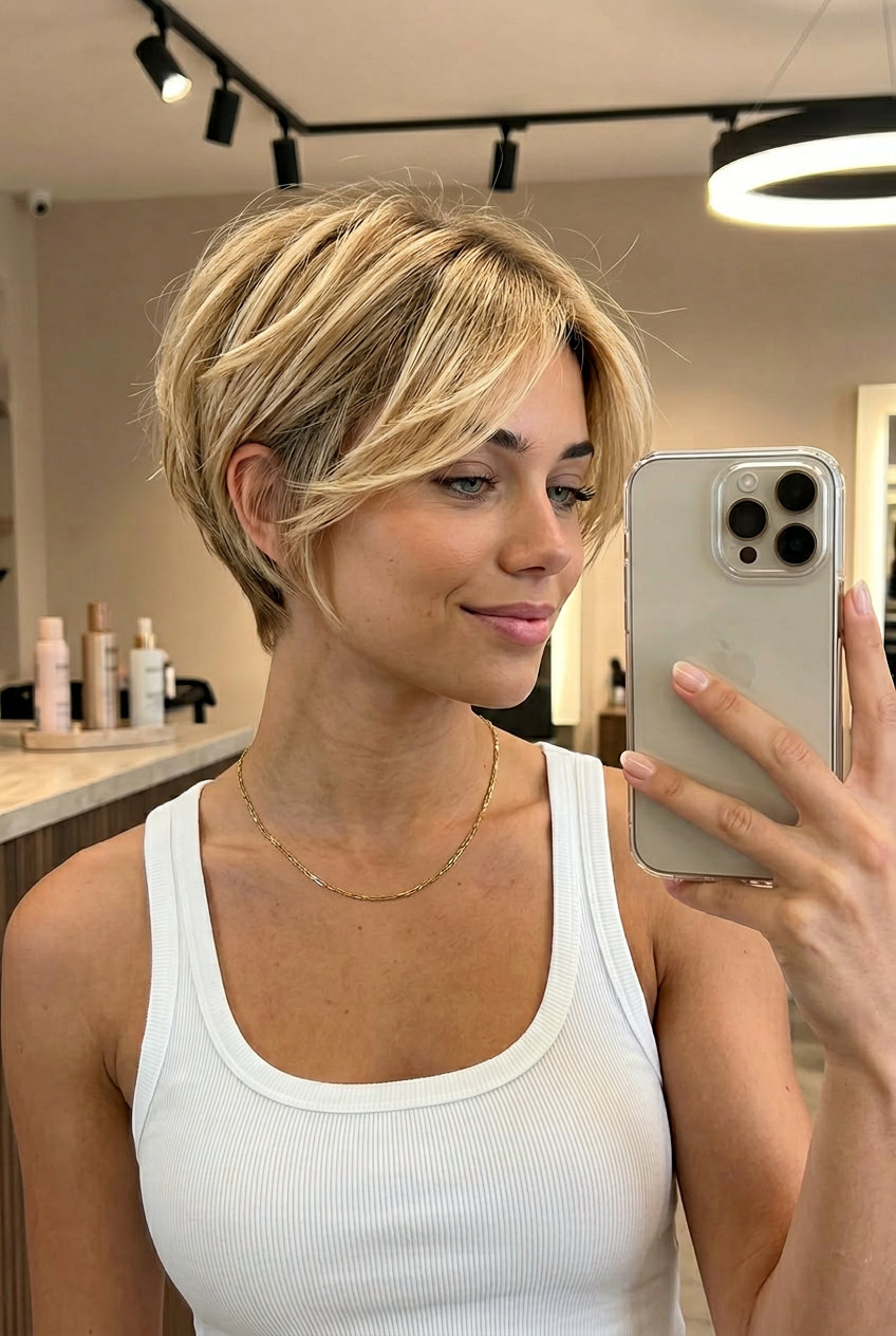 short pixie haircut with butterscotch blonde and honey root with textured layers for summer