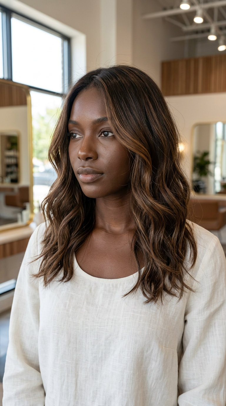 long chocolate brunette hair color with cacao balayage, hand-painted balayage for summer 2026