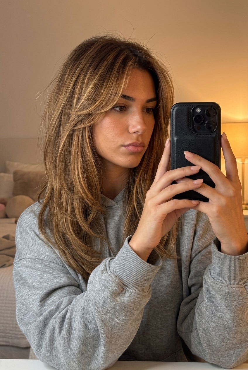 long shag haircut with caramel balayage, golden blonde, curtain bangs — soft sun-kissed
