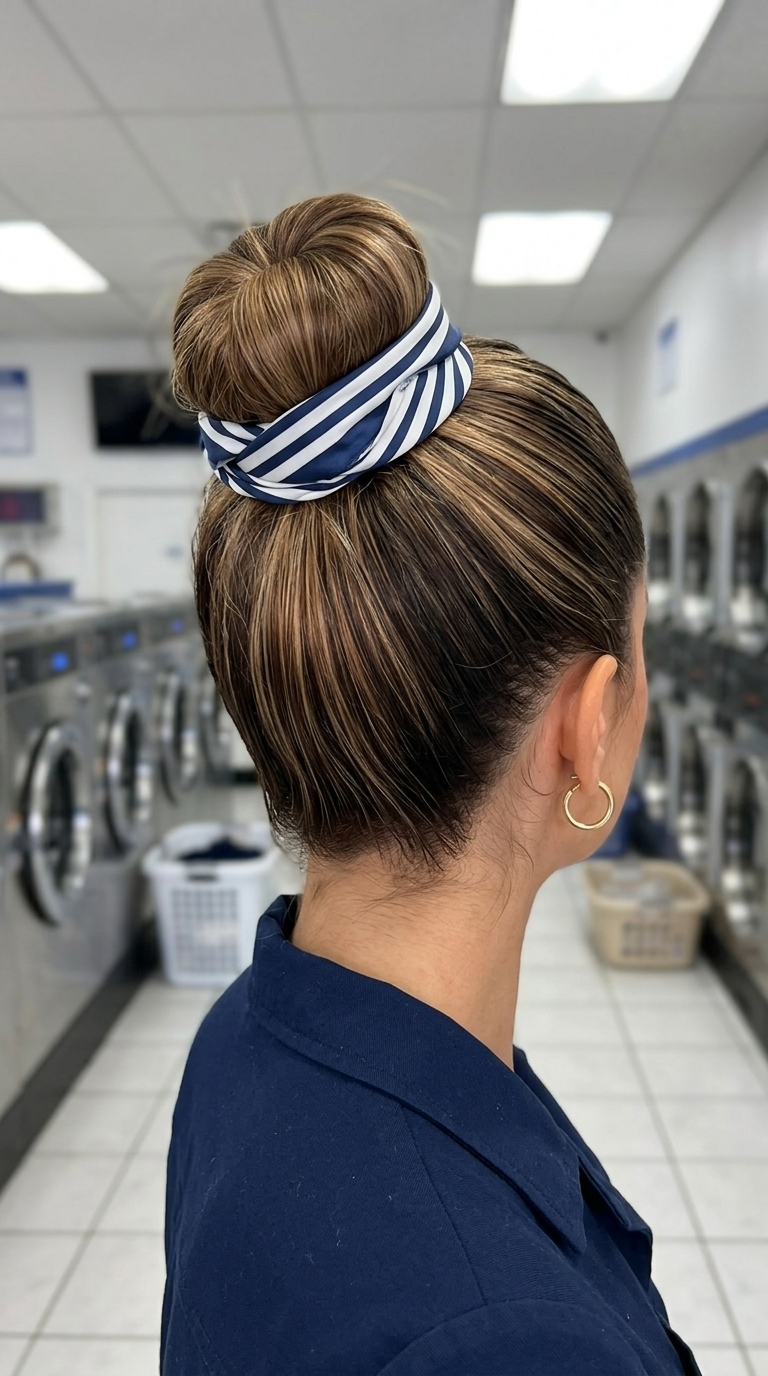 caramel balayage sleek high updo with silk scarf and polished finish for summer