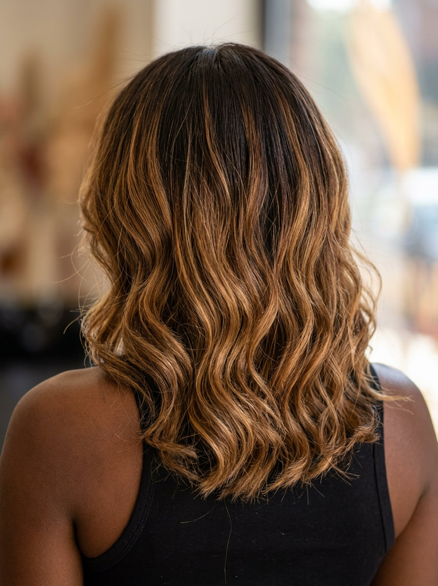 long chocolate brunette hair color with caramel drizzle ombré, sun-kissed, playful mood