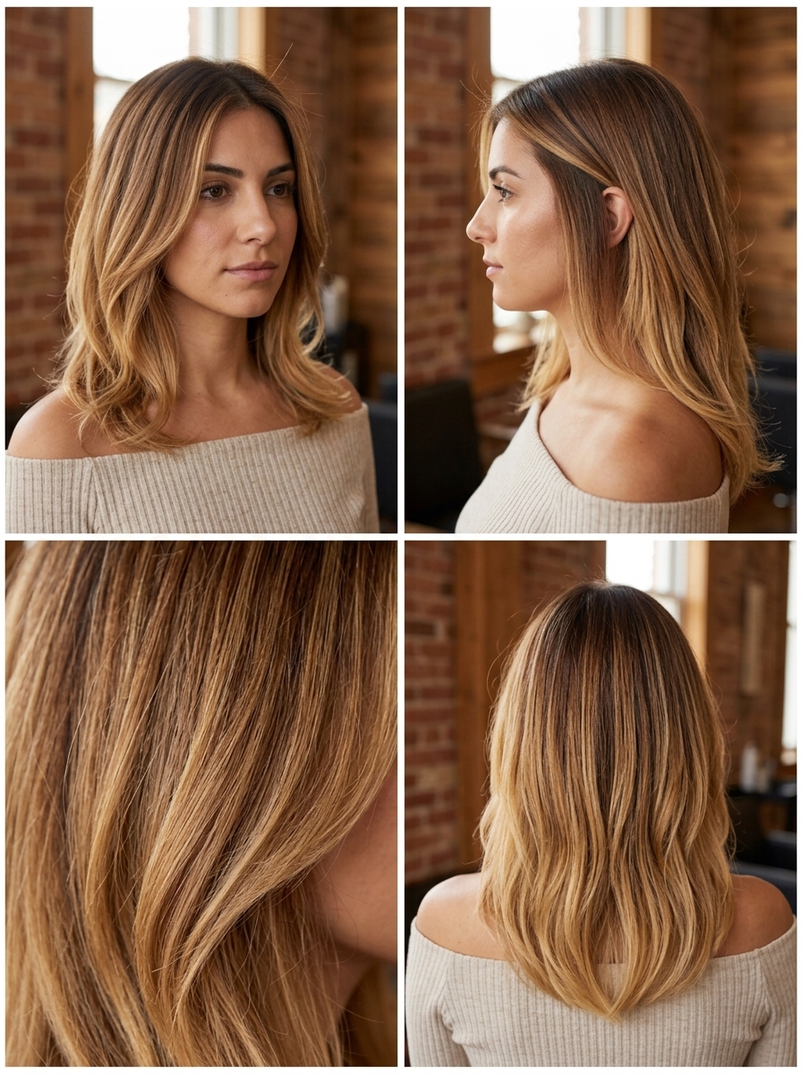 long bronde balayage with warm caramel & golden blonde, seamless blend, soft waves — effortless summer