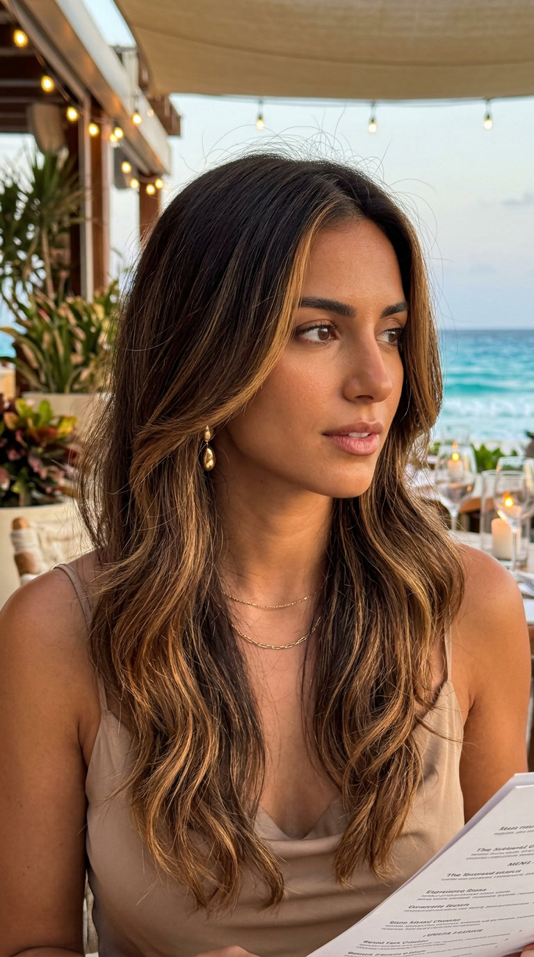long layered hairstyle with warm caramel balayage and face-framing layers for summer
