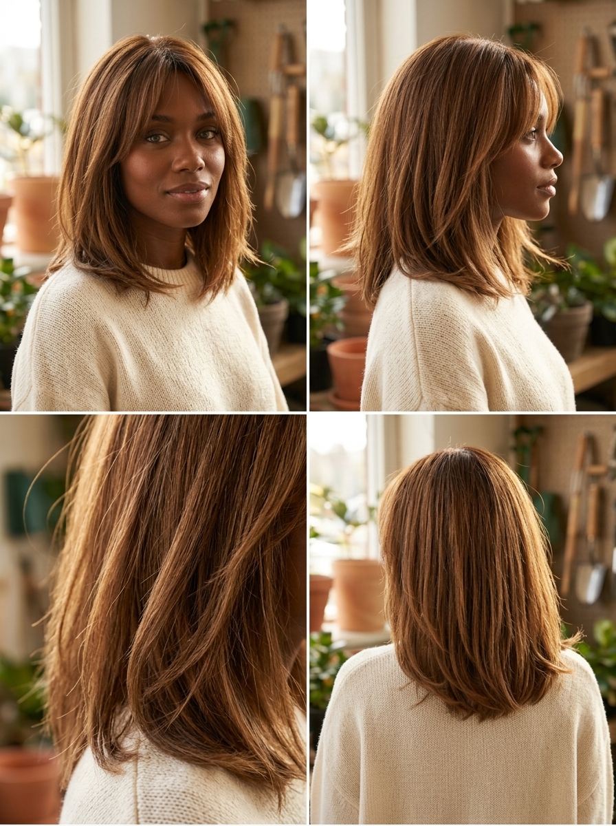 shoulder-length bob haircut with warm caramel brunette and soft internal layers for summer