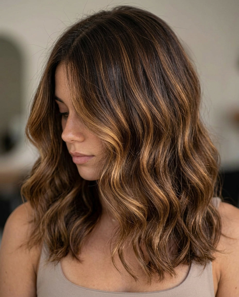 long chocolate brunette hair color with caramel swirl balayage, golden honey accents, dimensional effect — romantic vacation
